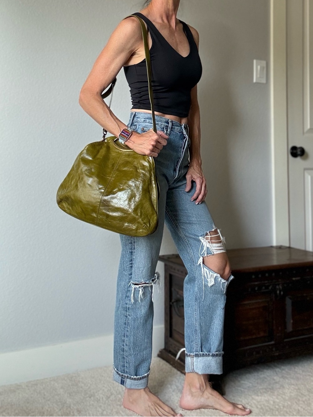 HOBO Olive Green Leather Bag with Brass Top Handle - Picture 2 of 14